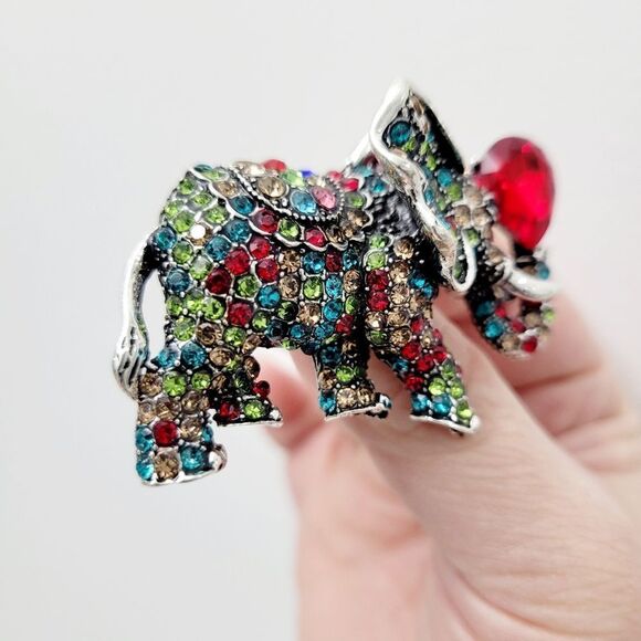 Brand New 2 In 1 Silver Elephant Red Stone Rhinestone Brooch Pin & Pendant - Picture 6 of 11